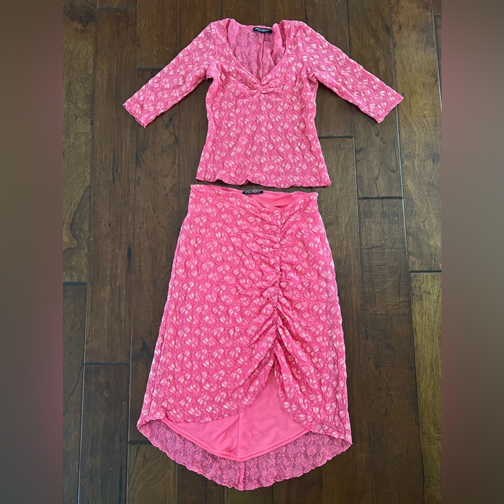 Betsey Johnson pink lace skirt top set